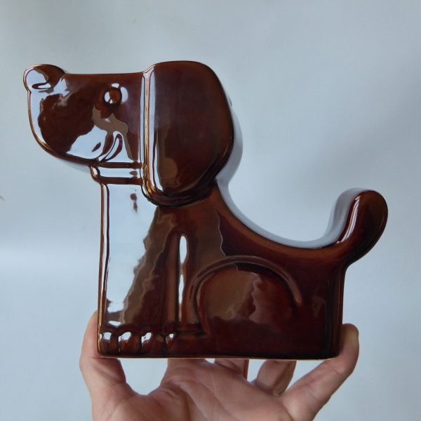 Retro 1970s stylised brown seated DOG money box large glossy glazed flat ceramic - Image 3