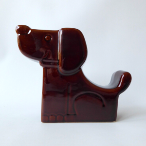 Retro 1970s stylised brown seated DOG money box large glossy glazed flat ceramic