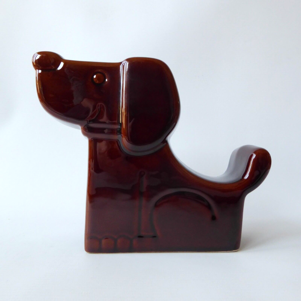 Retro 1970s stylised brown seated DOG money box large glossy glazed flat ceramic