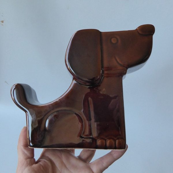 Retro 1970s stylised brown seated DOG money box large glossy glazed flat ceramic - Image 9