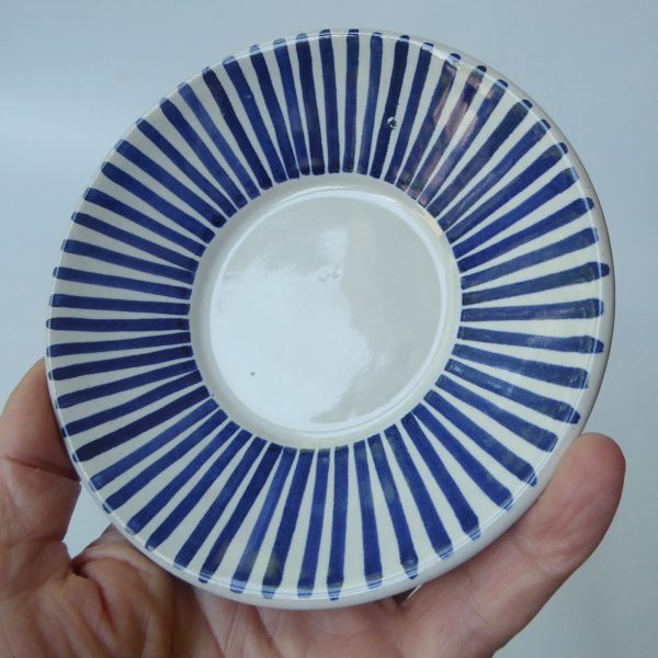 Rye Pottery Pam Goddard vintage blue stripe coffee mug cup + saucer. Mid century - Image 14