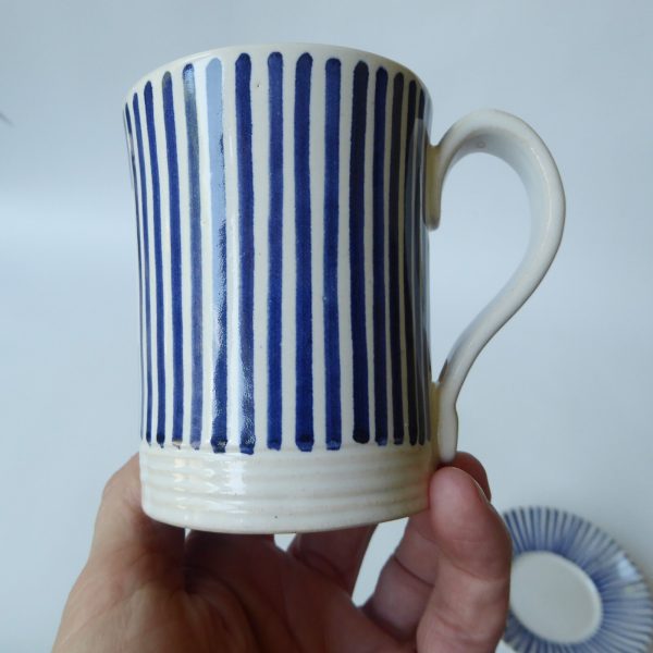 Rye Pottery Pam Goddard vintage blue stripe coffee mug cup + saucer. Mid century - Image 15