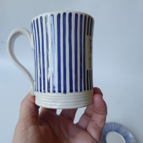 Rye Pottery Pam Goddard vintage blue stripe coffee mug cup + saucer. Mid century - Image 16