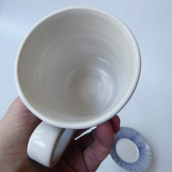 Rye Pottery Pam Goddard vintage blue stripe coffee mug cup + saucer. Mid century - Image 17