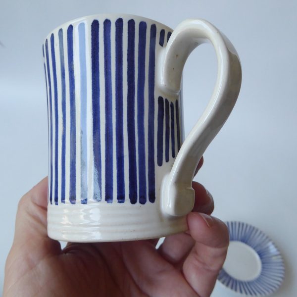 Rye Pottery Pam Goddard vintage blue stripe coffee mug cup + saucer. Mid century - Image 20