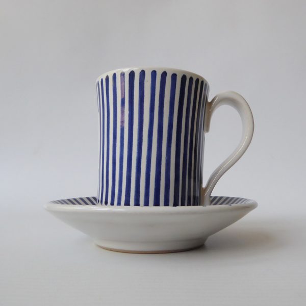Rye Pottery Pam Goddard vintage blue stripe coffee mug cup + saucer. Mid century - Image 3