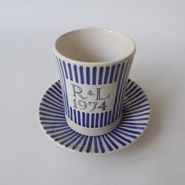 Rye Pottery Pam Goddard vintage blue stripe coffee mug cup + saucer. Mid century - Image 4
