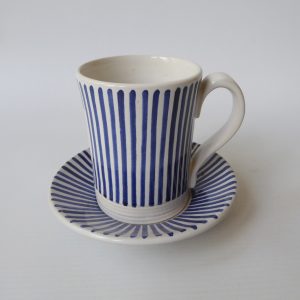 Rye Pottery Pam Goddard vintage blue stripe coffee mug cup + saucer. Mid century