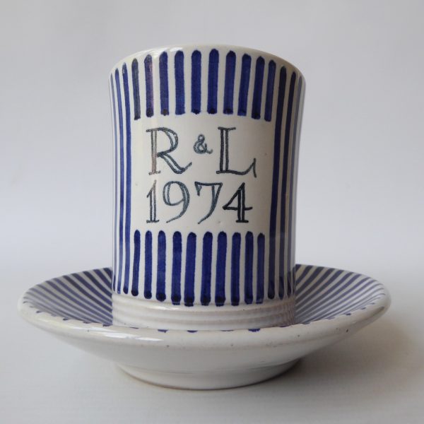Rye Pottery Pam Goddard vintage blue stripe coffee mug cup + saucer. Mid century - Image 5