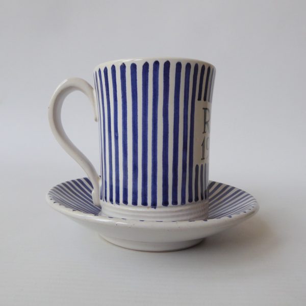 Rye Pottery Pam Goddard vintage blue stripe coffee mug cup + saucer. Mid century - Image 6