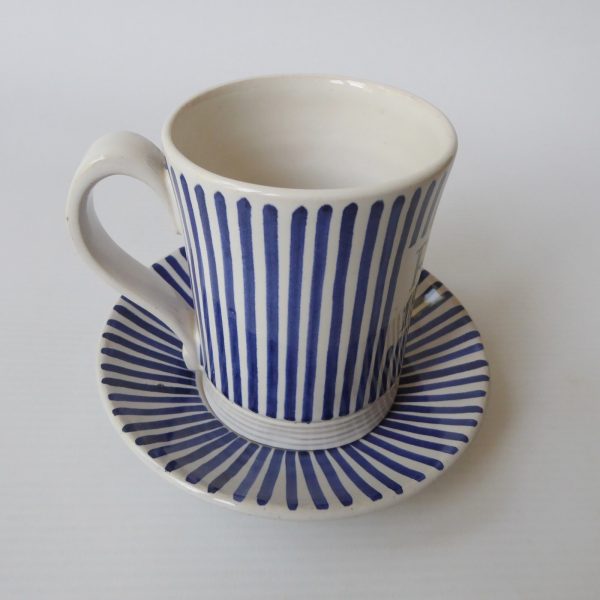 Rye Pottery Pam Goddard vintage blue stripe coffee mug cup + saucer. Mid century - Image 7