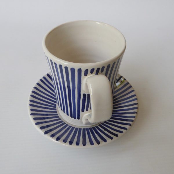 Rye Pottery Pam Goddard vintage blue stripe coffee mug cup + saucer. Mid century - Image 8