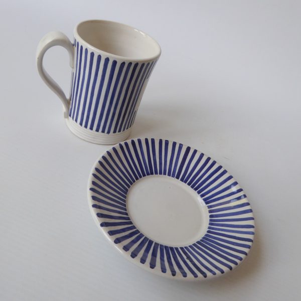 Rye Pottery Pam Goddard vintage blue stripe coffee mug cup + saucer. Mid century - Image 9