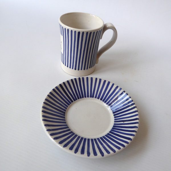 Rye Pottery Pam Goddard vintage blue stripe coffee mug cup + saucer. Mid century - Image 10