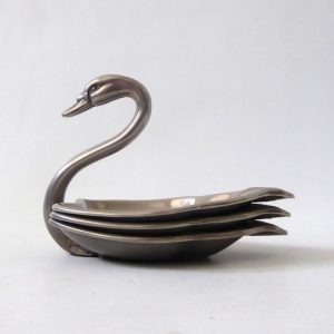 SEBA silver plated swan figurine. Vintage + stacking shallow dishes ashtray, 70s