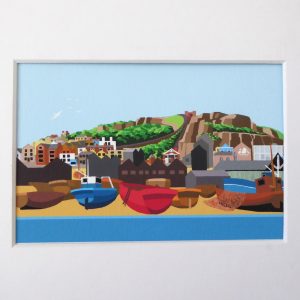 STAN ROSENTHAL original mounted art print Old Hastings fishing boats & East Hill