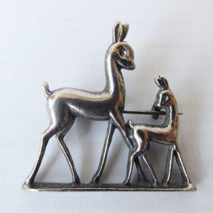 Scandinavian vintage deer silver-tone white cast metal brooch. Doe & fawn deers