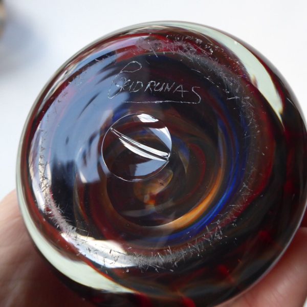 Signed vintage art glass vase, red & blue chevron ripple swirls, heavy cylinder - Image 12