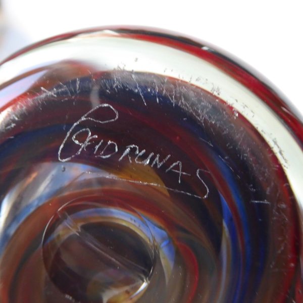 Signed vintage art glass vase, red & blue chevron ripple swirls, heavy cylinder - Image 13