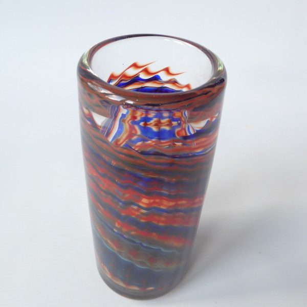 Signed vintage art glass vase, red & blue chevron ripple swirls, heavy cylinder - Image 3