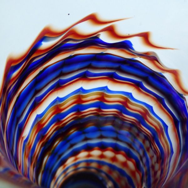 Signed vintage art glass vase, red & blue chevron ripple swirls, heavy cylinder - Image 4