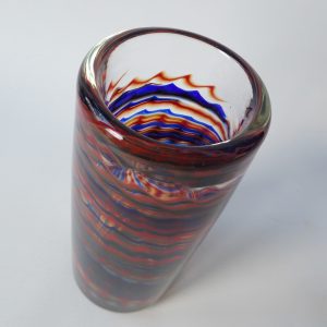 Signed vintage art glass vase, red & blue chevron ripple swirls, heavy cylinder