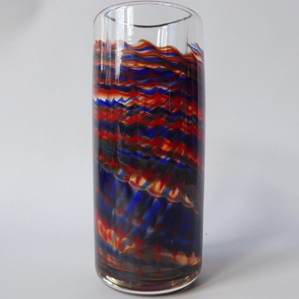 Signed vintage art glass vase, red & blue chevron ripple swirls, heavy cylinder - Image 5