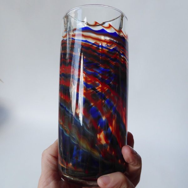 Signed vintage art glass vase, red & blue chevron ripple swirls, heavy cylinder - Image 6