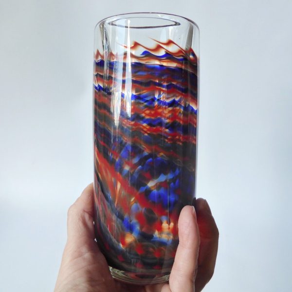 Signed vintage art glass vase, red & blue chevron ripple swirls, heavy cylinder - Image 7