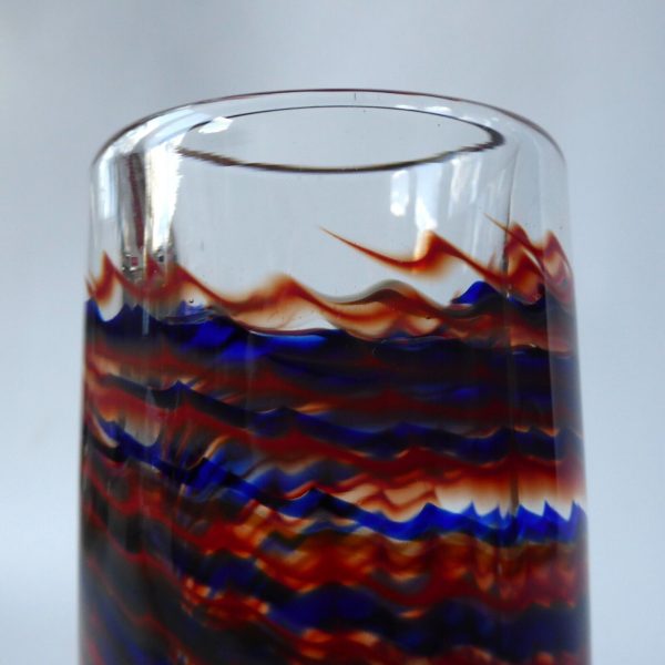Signed vintage art glass vase, red & blue chevron ripple swirls, heavy cylinder - Image 8