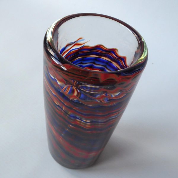 Signed vintage art glass vase, red & blue chevron ripple swirls, heavy cylinder - Image 9