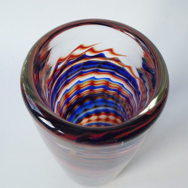 Signed vintage art glass vase, red & blue chevron ripple swirls, heavy cylinder - Image 10