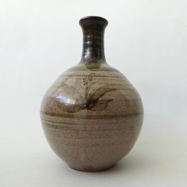Signed vintage studio pottery vase, handmade thrown stoneware, muted neutral 7"