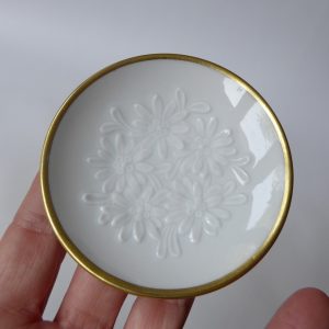 Swiss Langenthal white miniature plate pin dish 7.5cm.  Flowers leaves 1980s