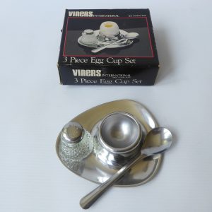 Viners International vintage stainless steel egg cup, spoon & salt shaker, boxed