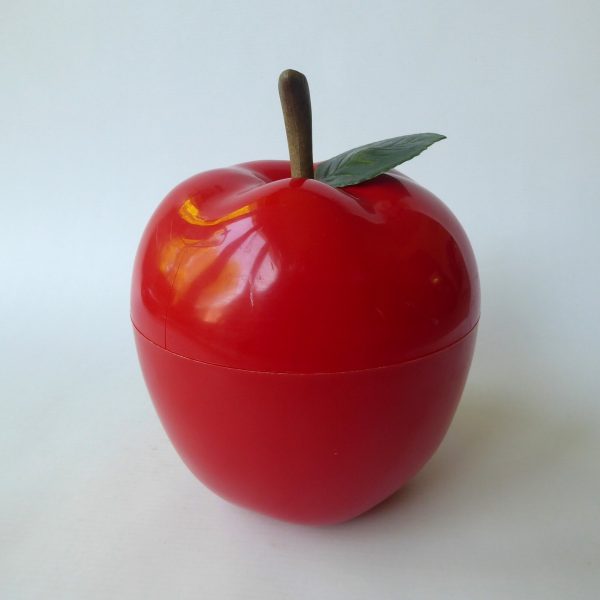 Vintage 1960s 1970s red plastic apple ice bucket, retro home bar prop, with leaf - Image 3