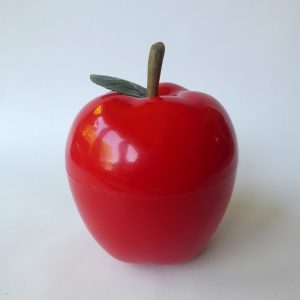 Vintage 1960s 1970s red plastic apple ice bucket, retro home bar prop, with leaf