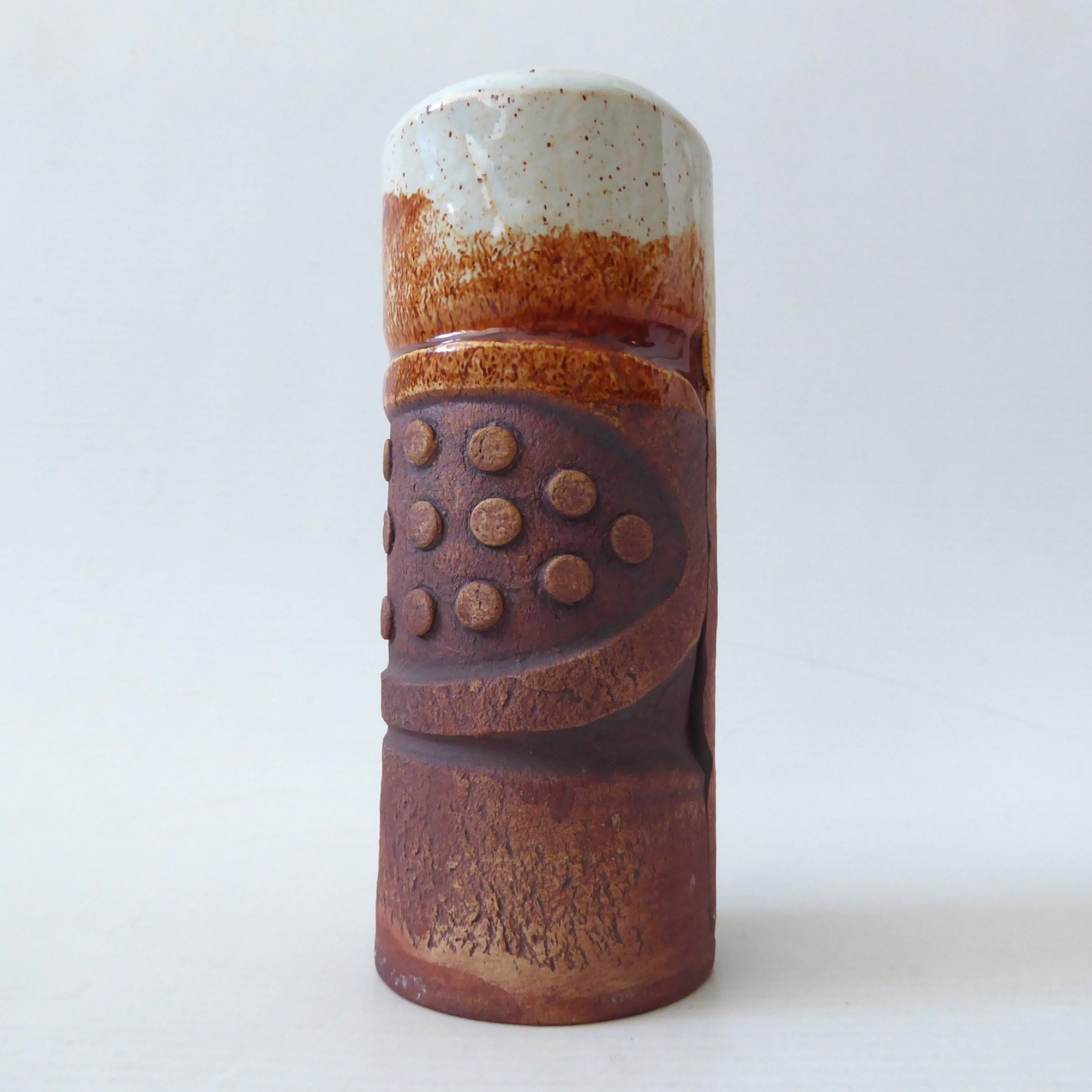 Vintage Bob Dawe Red Barn studio pottery cylinder vase, red brown clay ceramic