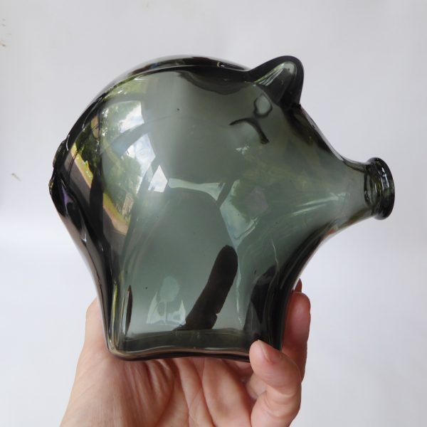 Vintage Cascade Glass large smokey grey 1970s piggy bank money box. 14cm retro - Image 12