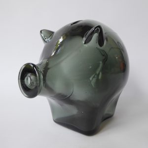 Vintage Cascade Glass large smokey grey 1970s piggy bank money box. 14cm retro