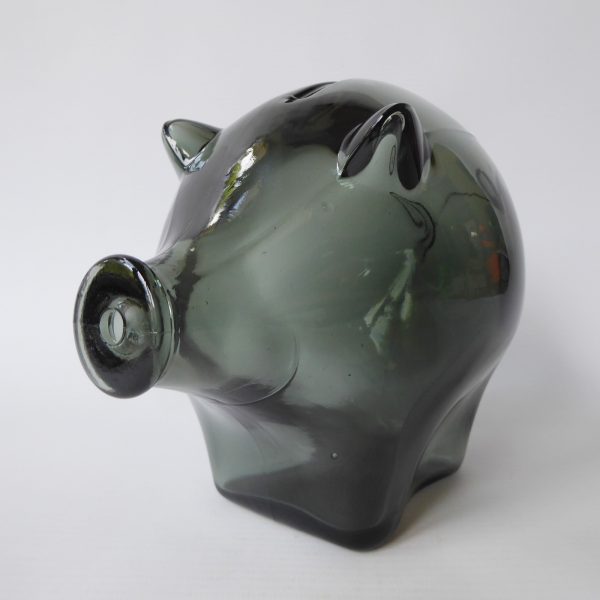 Vintage Cascade Glass large smokey grey 1970s piggy bank money box. 14cm retro