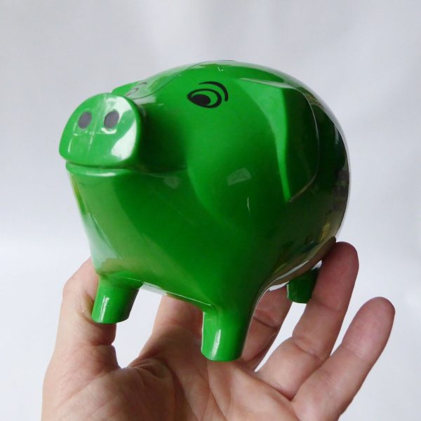 Vintage MK-Tuote Finland green plastic piggy bank money box, Norwich Building S - Image 3