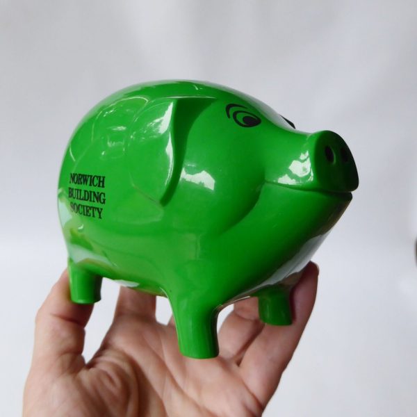 Vintage MK-Tuote Finland green plastic piggy bank money box, Norwich Building S - Image 4
