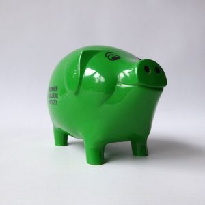 Vintage MK-Tuote Finland green plastic piggy bank money box, Norwich Building S