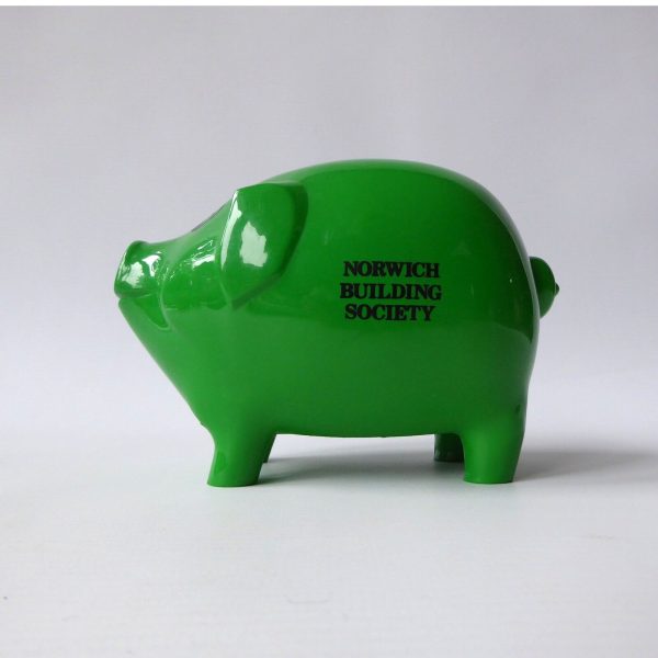 Vintage MK-Tuote Finland green plastic piggy bank money box, Norwich Building S - Image 5