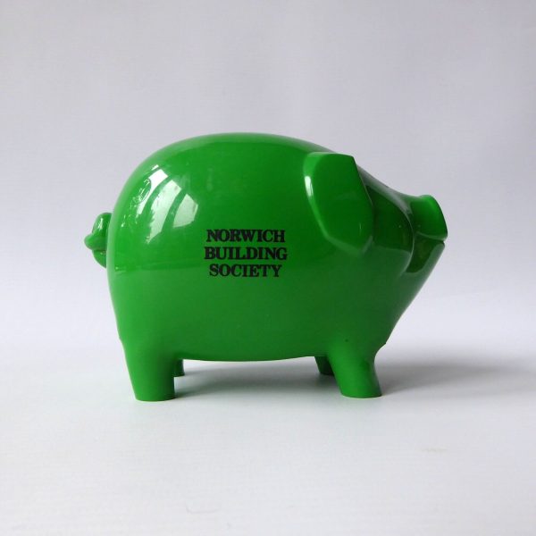 Vintage MK-Tuote Finland green plastic piggy bank money box, Norwich Building S - Image 7