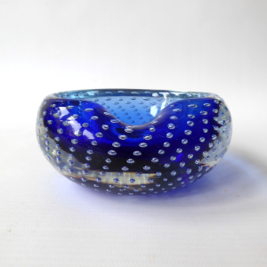 Vintage Murano art glass bowl. Royal blue cased dish ashtray. Controlled bubbles