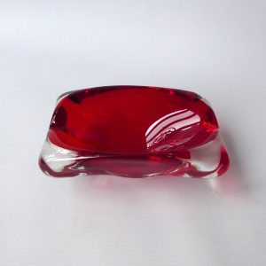 Vintage Murano art glass rectangular bowl. Red cased dish, 1960s 1970s MCM retro