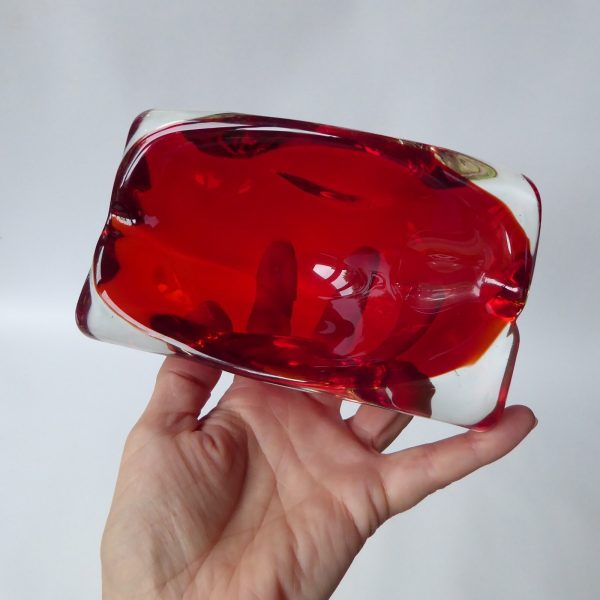 Vintage Murano art glass rectangular bowl. Red cased dish, 1960s 1970s MCM retro - Image 7