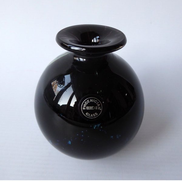 Vintage Phoenician black round globe art glass vase, blue gold bits. Signed 1988 - Image 4